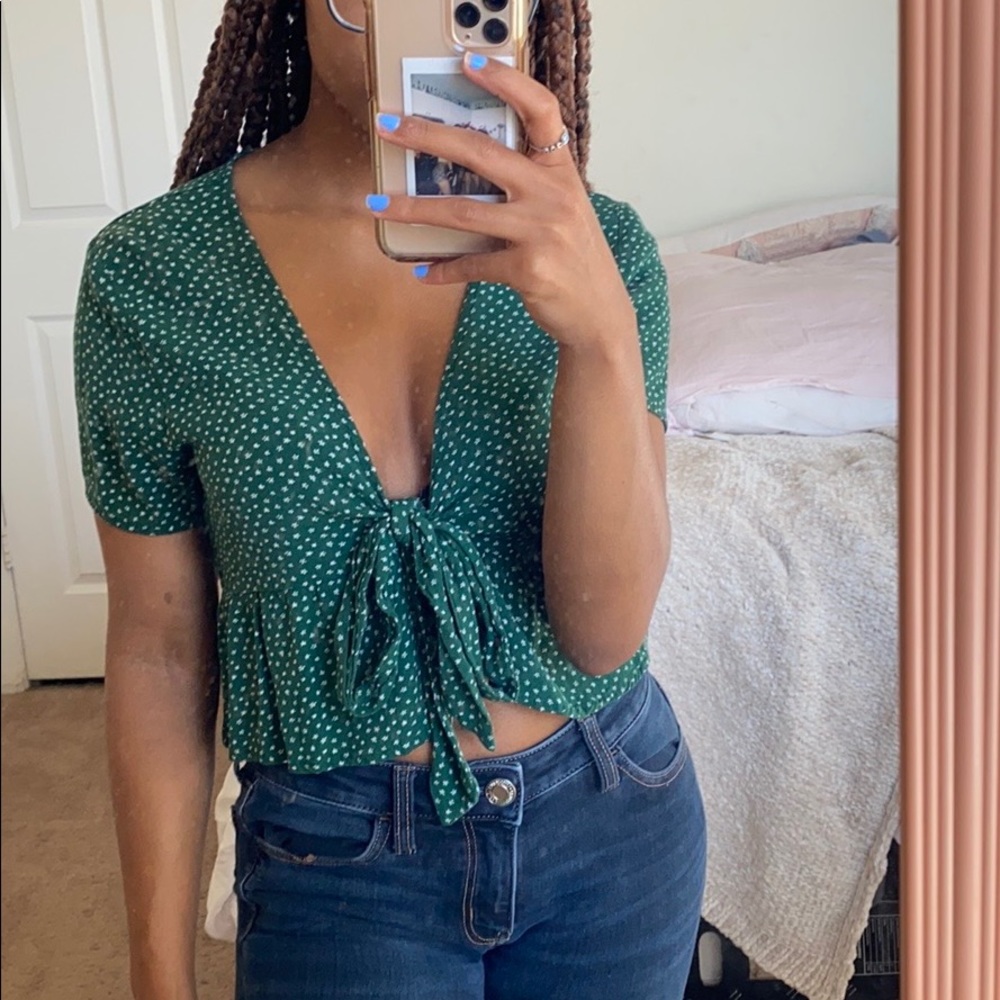 Green Polka Dot Tie-Front Top